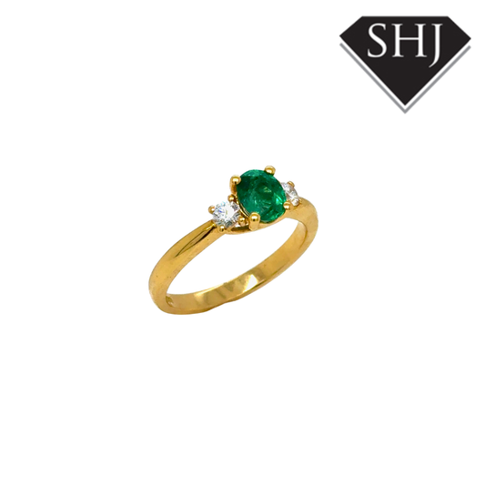 18ct Yellow Gold 3 Stone 0.67ct Emerald and 0.19ct Diamond Ring