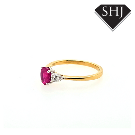 18ct Yellow Gold/White Gold Oval Ruby and Pear Diamond Ring
