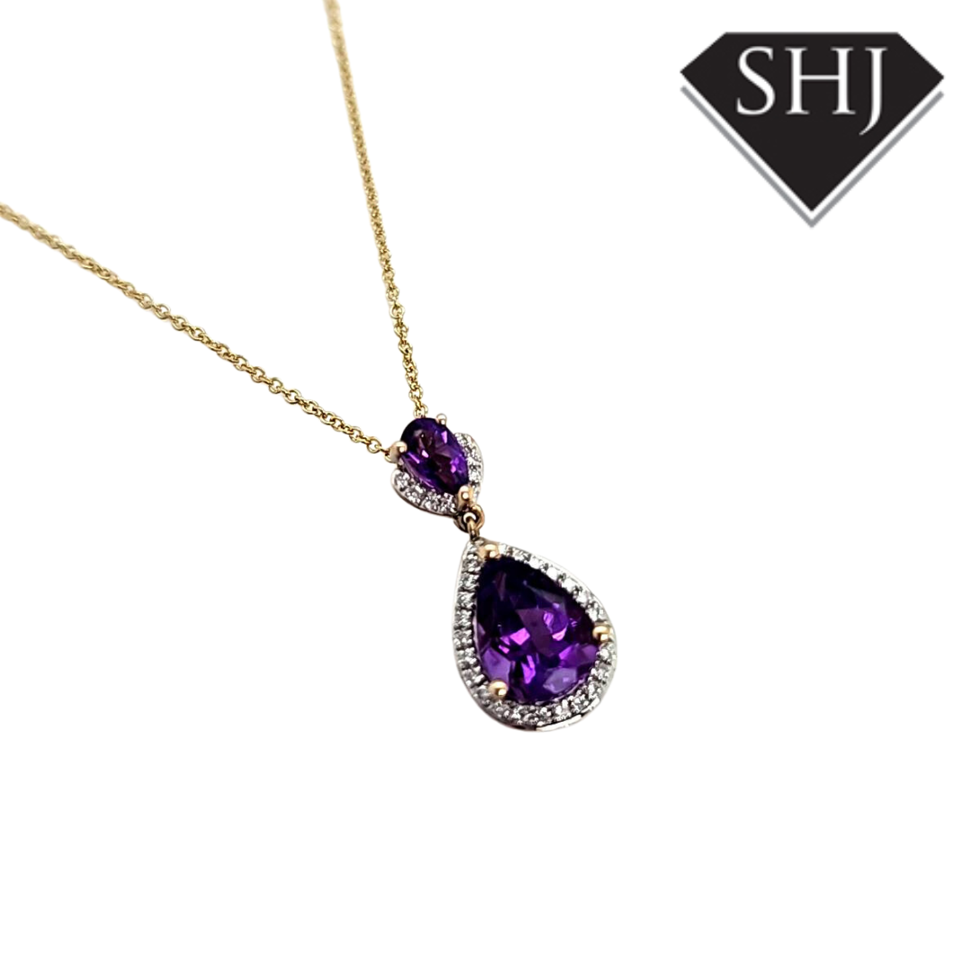 9ct Yellow Gold Amethyst and Diamond Pendant