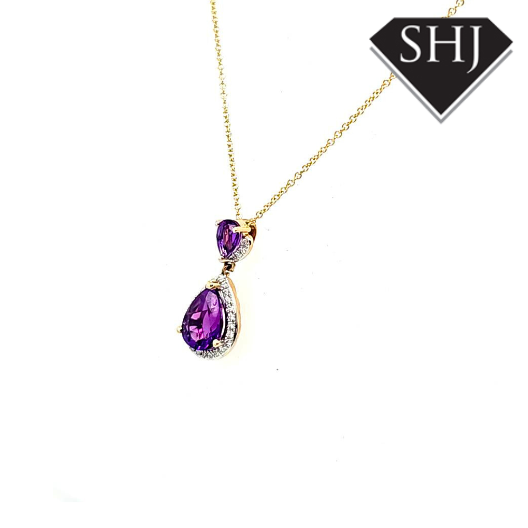 9ct Yellow Gold Amethyst and Diamond Pendant