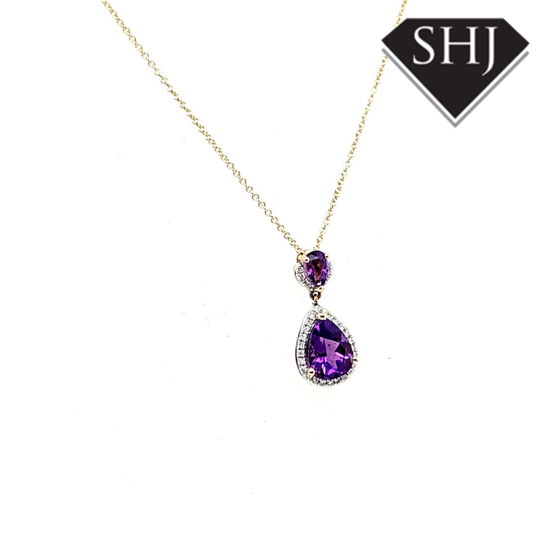 9ct Yellow Gold Amethyst and Diamond Pendant