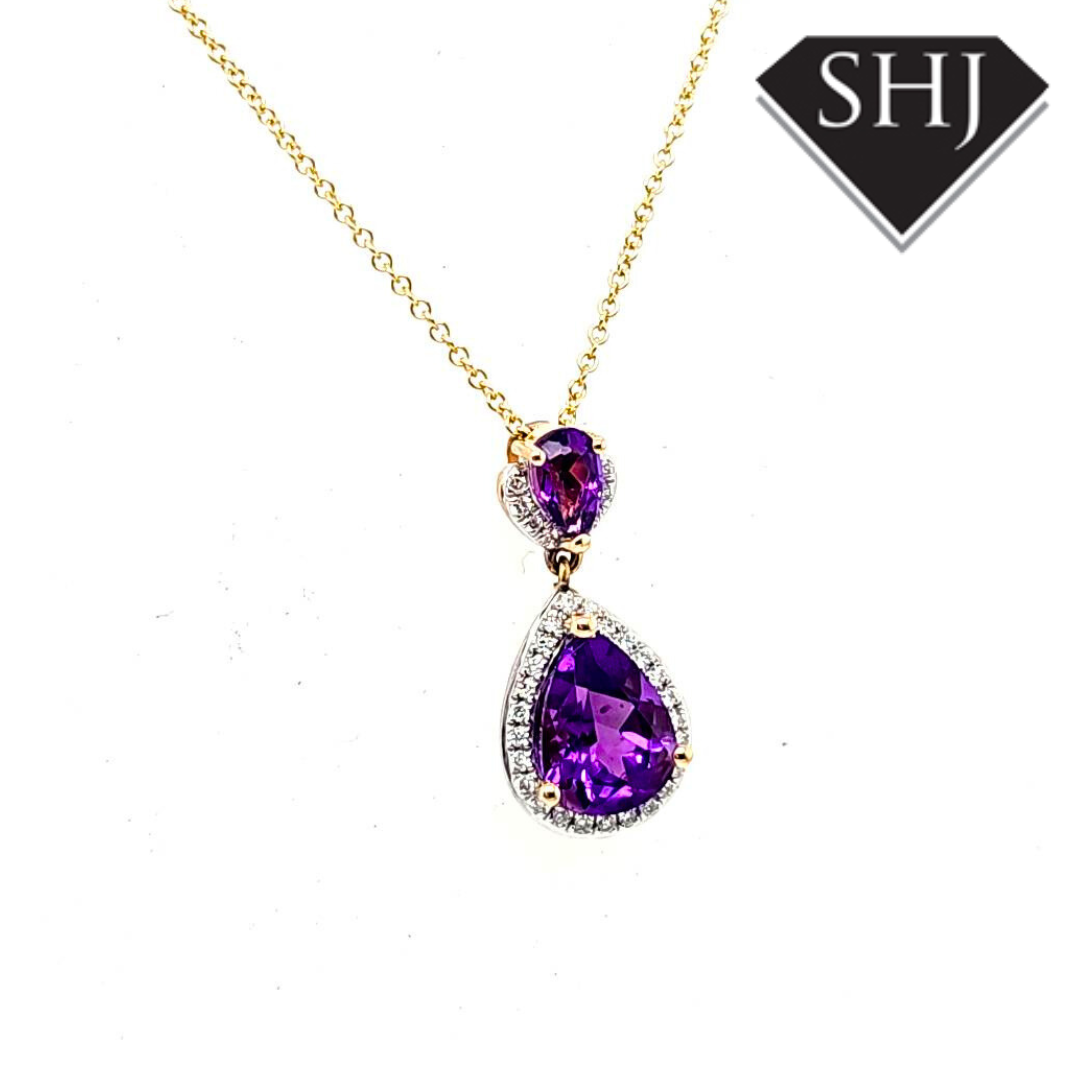 9ct Yellow Gold Amethyst and Diamond Pendant
