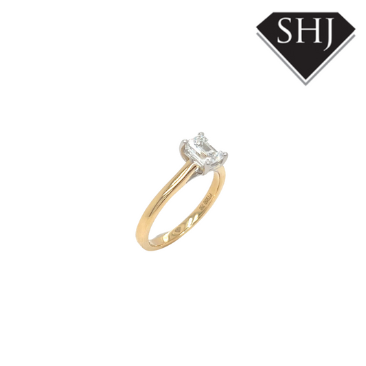 18CT Yellow Gold Platinum Emerald Cut 0.91ct Diamond Ring