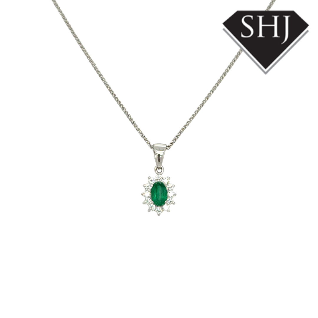 18ct White Gold Emerald and Diamond Pendant