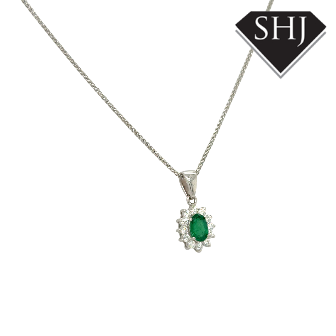 18ct White Gold Emerald and Diamond Pendant