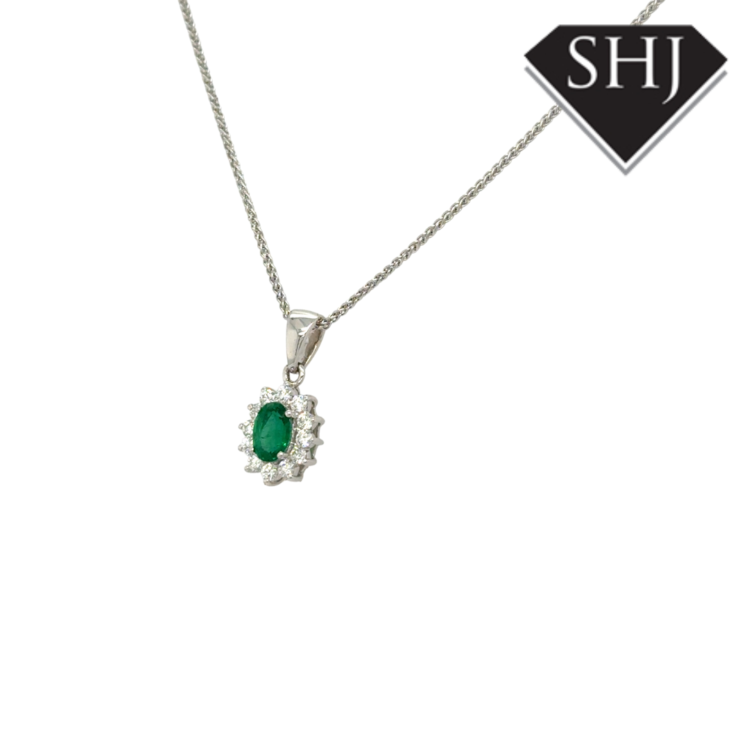18ct White Gold Emerald and Diamond Pendant