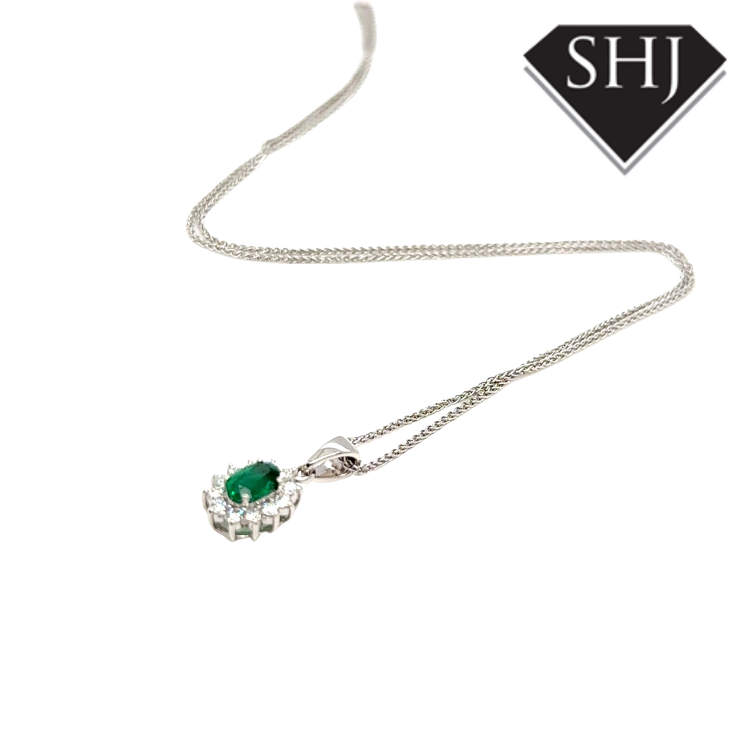 18ct White Gold Emerald and Diamond Pendant