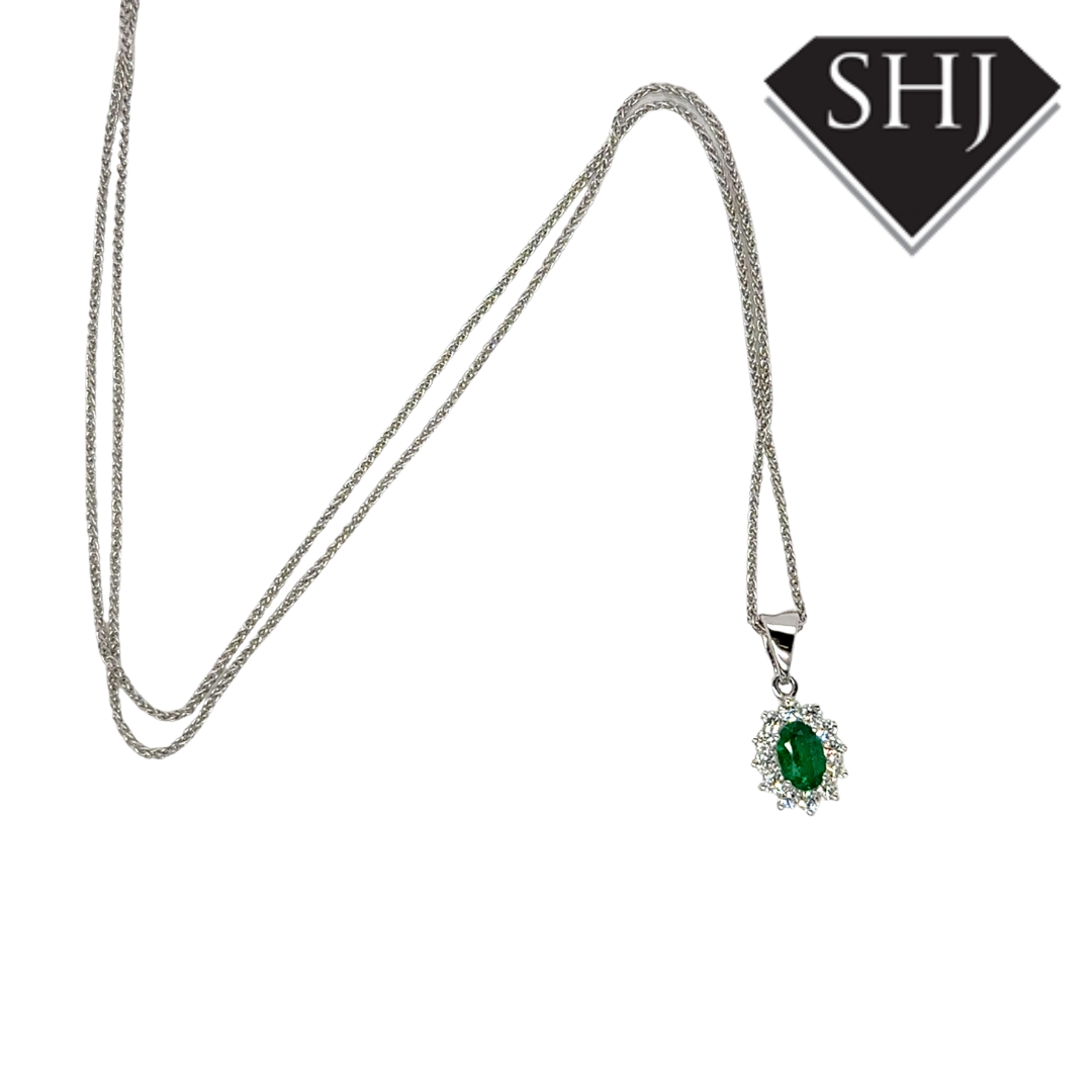 18ct White Gold Emerald and Diamond Pendant
