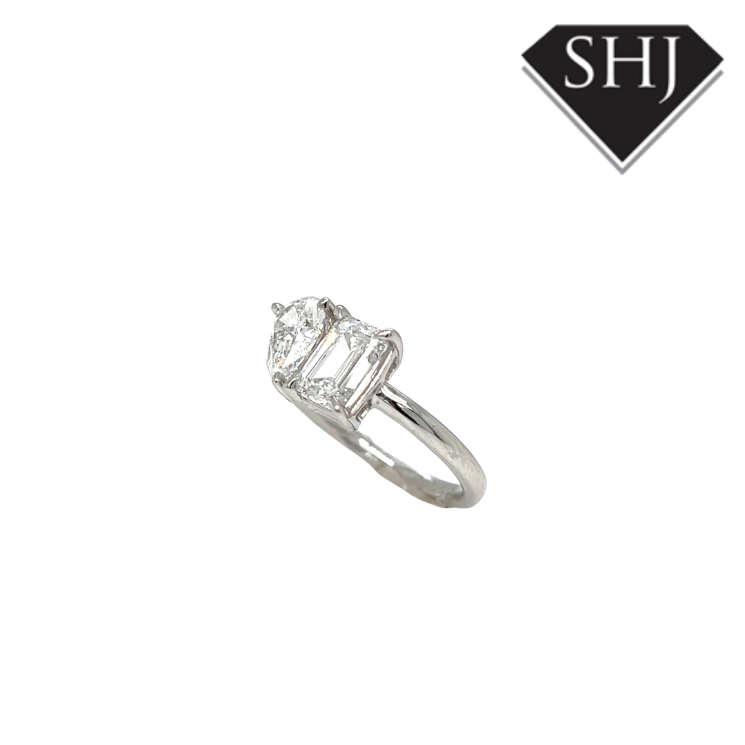 Platinum Emerald Cut 1.05ct & Pear Cut 1.05ct Lab Grown Diamond Ring
