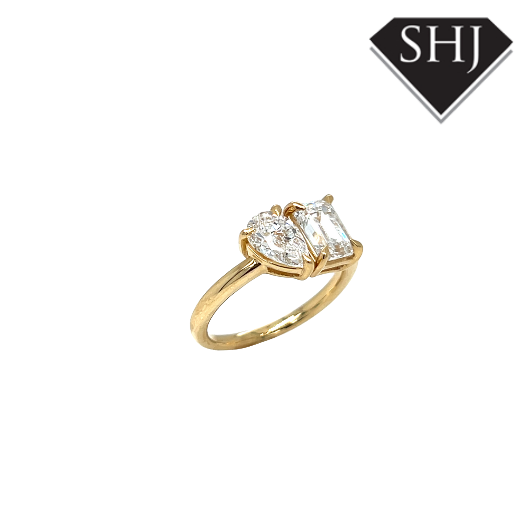 18ct Yellow Gold Emerald Cut 1.05ct & Pear Cut 1.05ct Lab Grown Diamond Ring