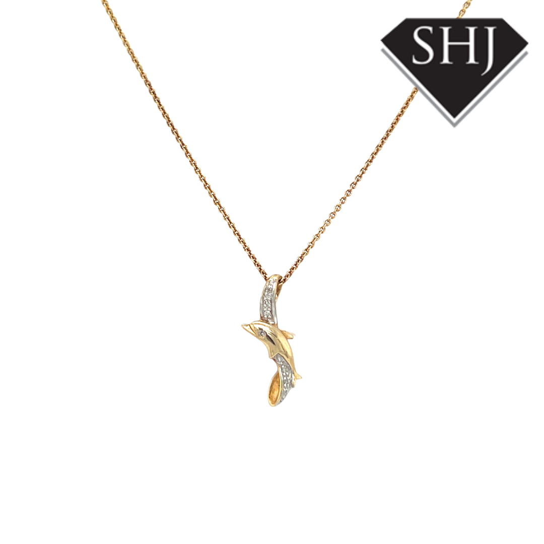 9ct Yellow Gold Diamond Dolphin Pendant