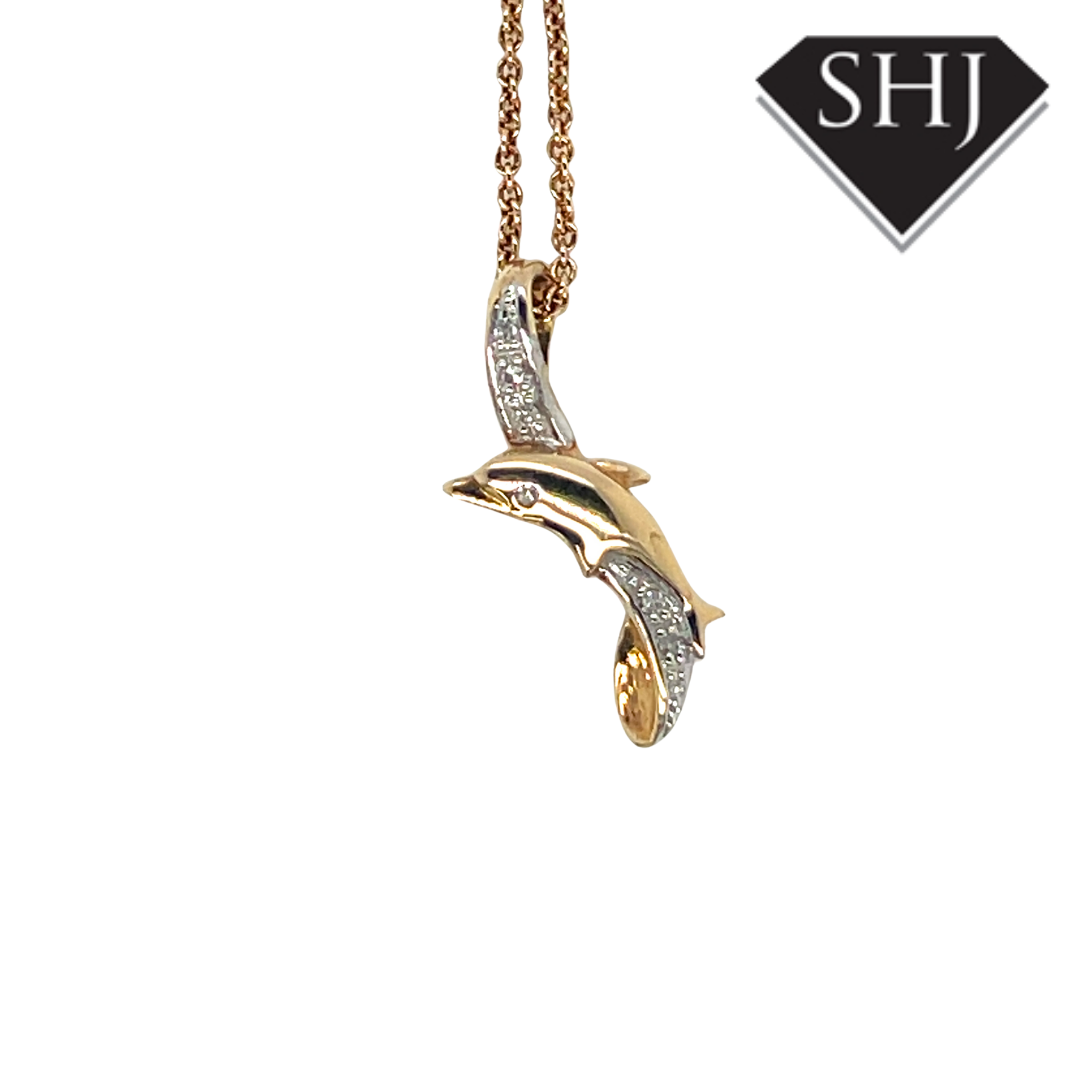 9ct Yellow Gold Diamond Dolphin Pendant