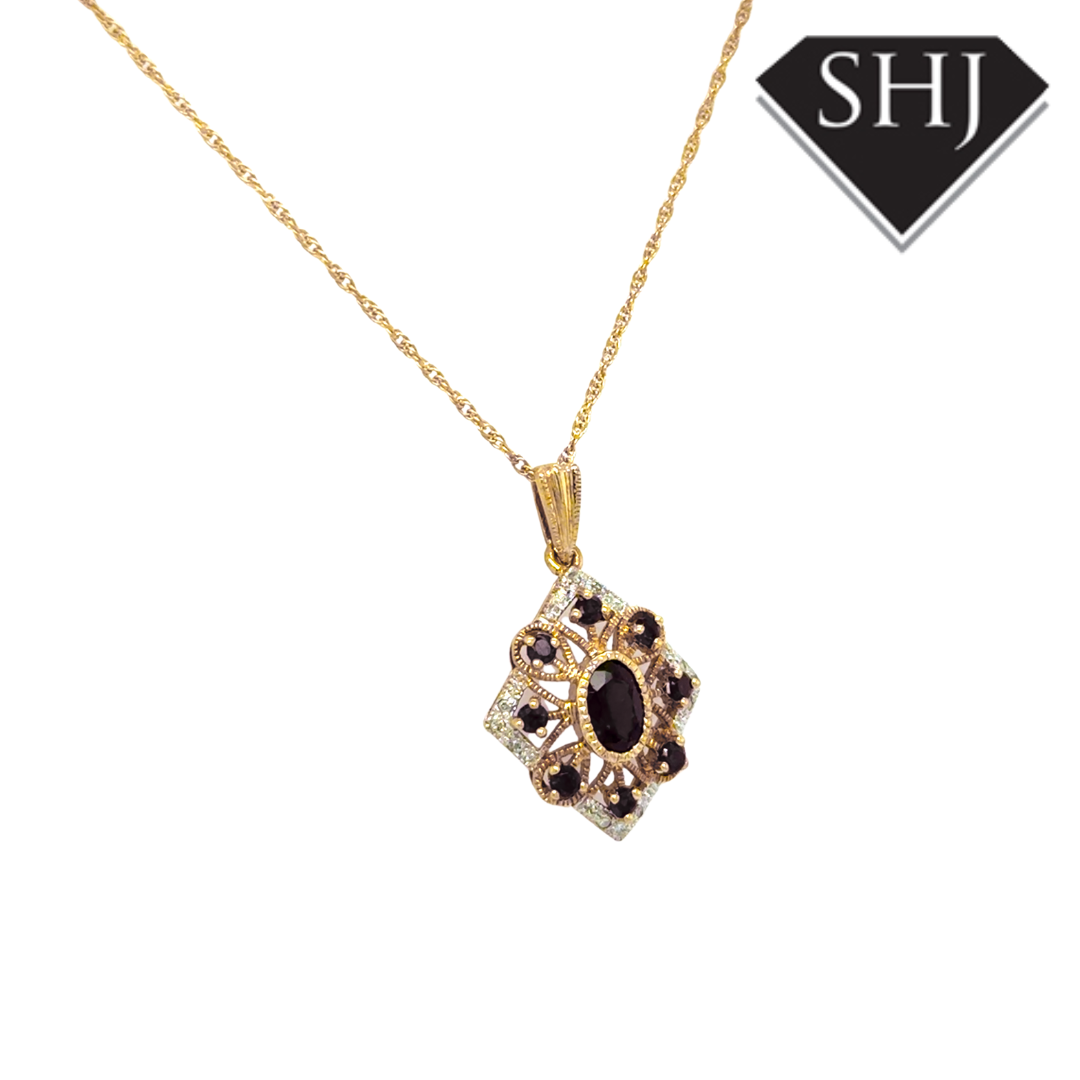 9ct Yellow Gold Garnet & Diamond Cluster Pendant