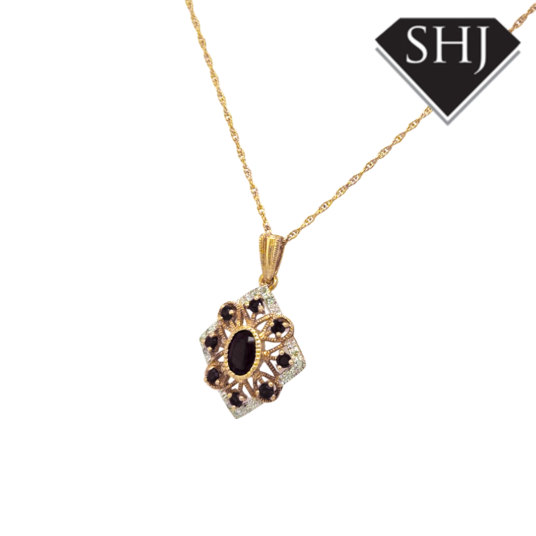 9ct Yellow Gold Garnet & Diamond Cluster Pendant