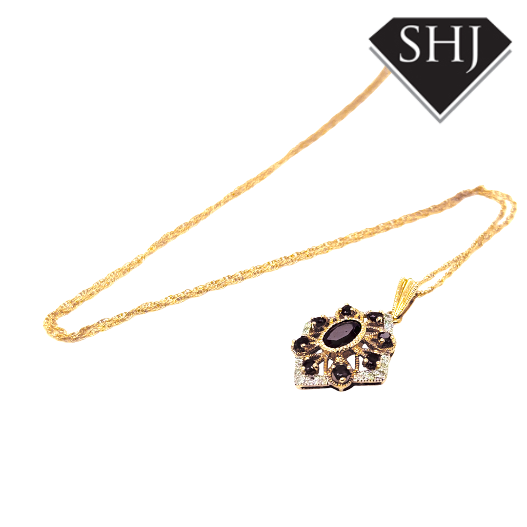 9ct Yellow Gold Garnet & Diamond Cluster Pendant