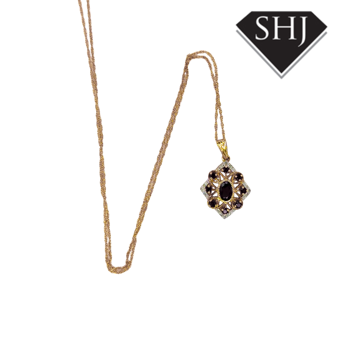 9ct Yellow Gold Garnet & Diamond Cluster Pendant