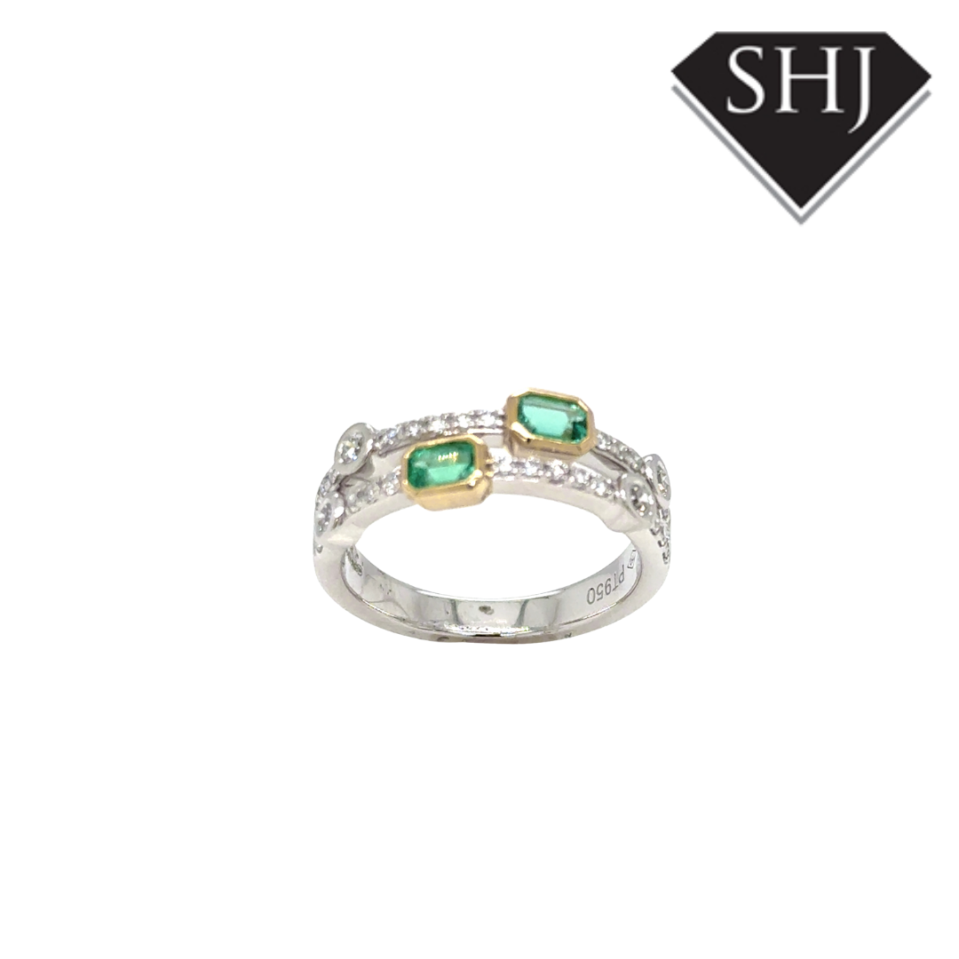 Platinum & 18ct Yellow Gold  0.20CT Emerald & 0.35ct Diamond H SI Double Bubble Ring Size N