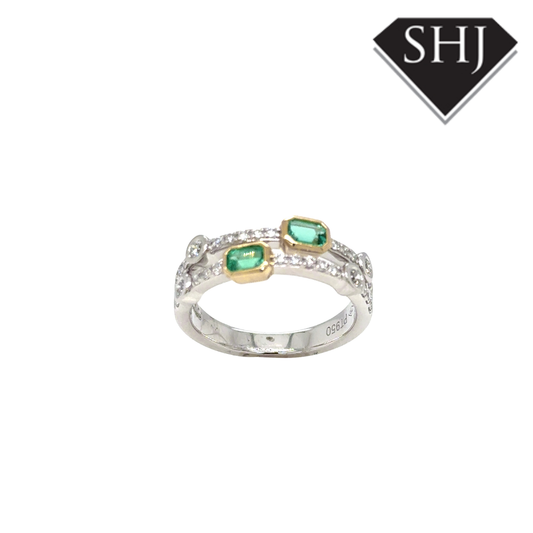 Platinum & 18ct Yellow Gold  0.20CT Emerald & 0.35ct Diamond H SI Double Bubble Ring Size N