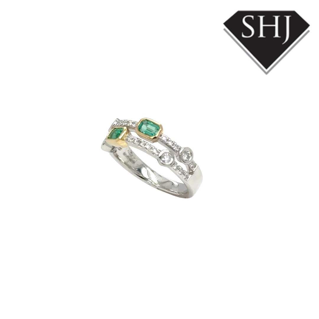 Platinum & 18ct Yellow Gold  0.20CT Emerald & 0.35ct Diamond H SI Double Bubble Ring Size N