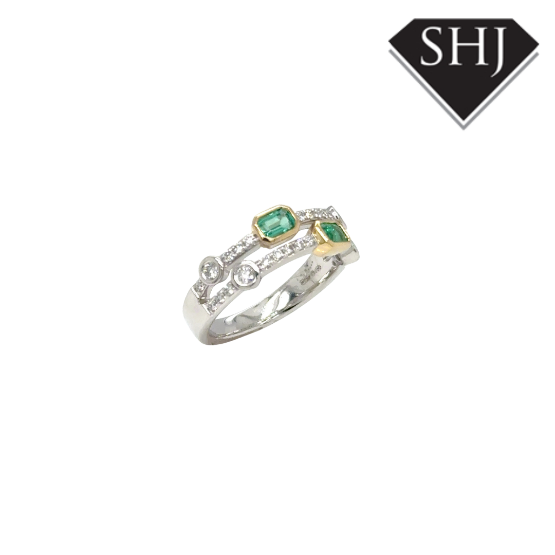 Platinum & 18ct Yellow Gold  0.20CT Emerald & 0.35ct Diamond H SI Double Bubble Ring Size N