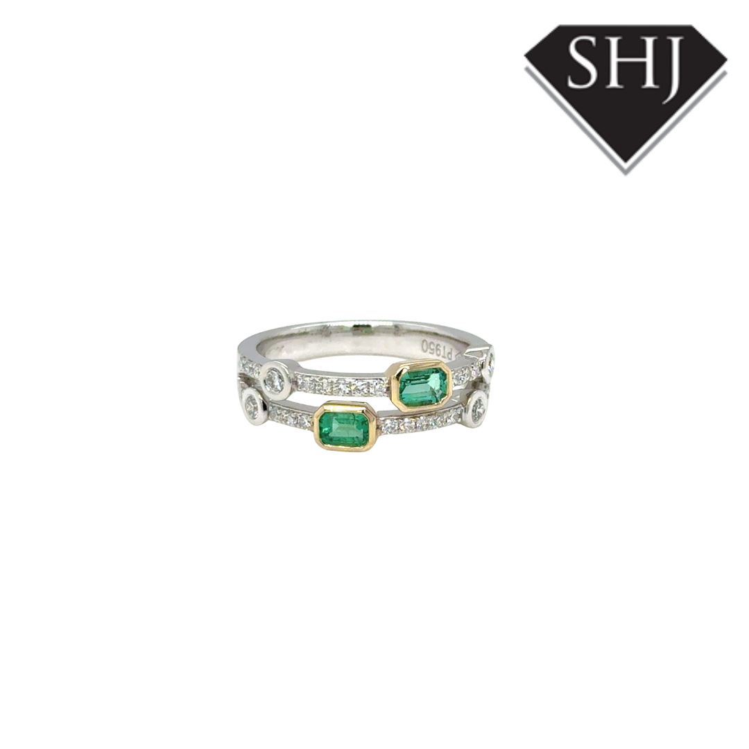 Platinum & 18ct Yellow Gold  0.20CT Emerald & 0.35ct Diamond H SI Double Bubble Ring Size N