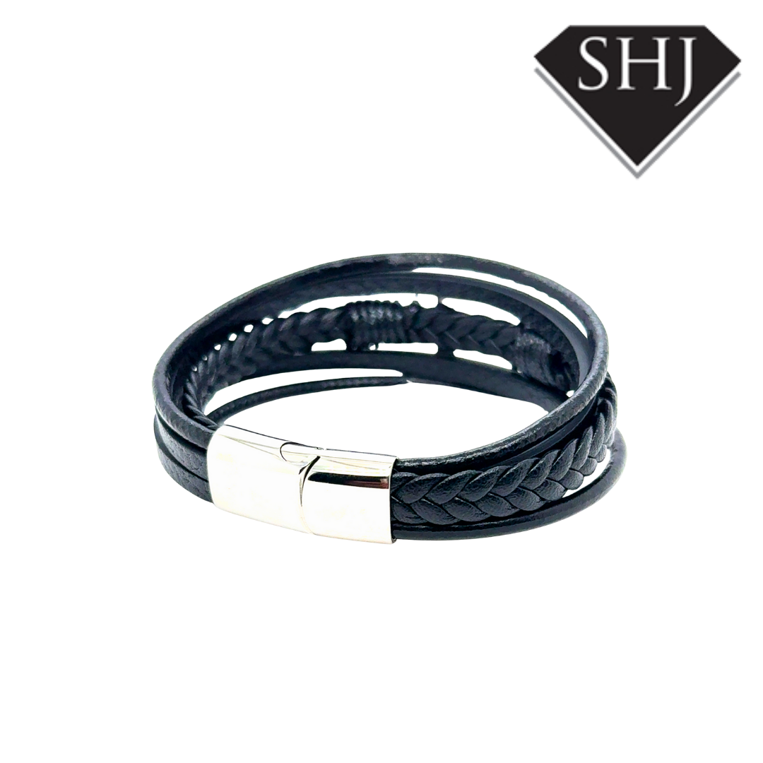 Gents Black Leather Cross ID Bracelet