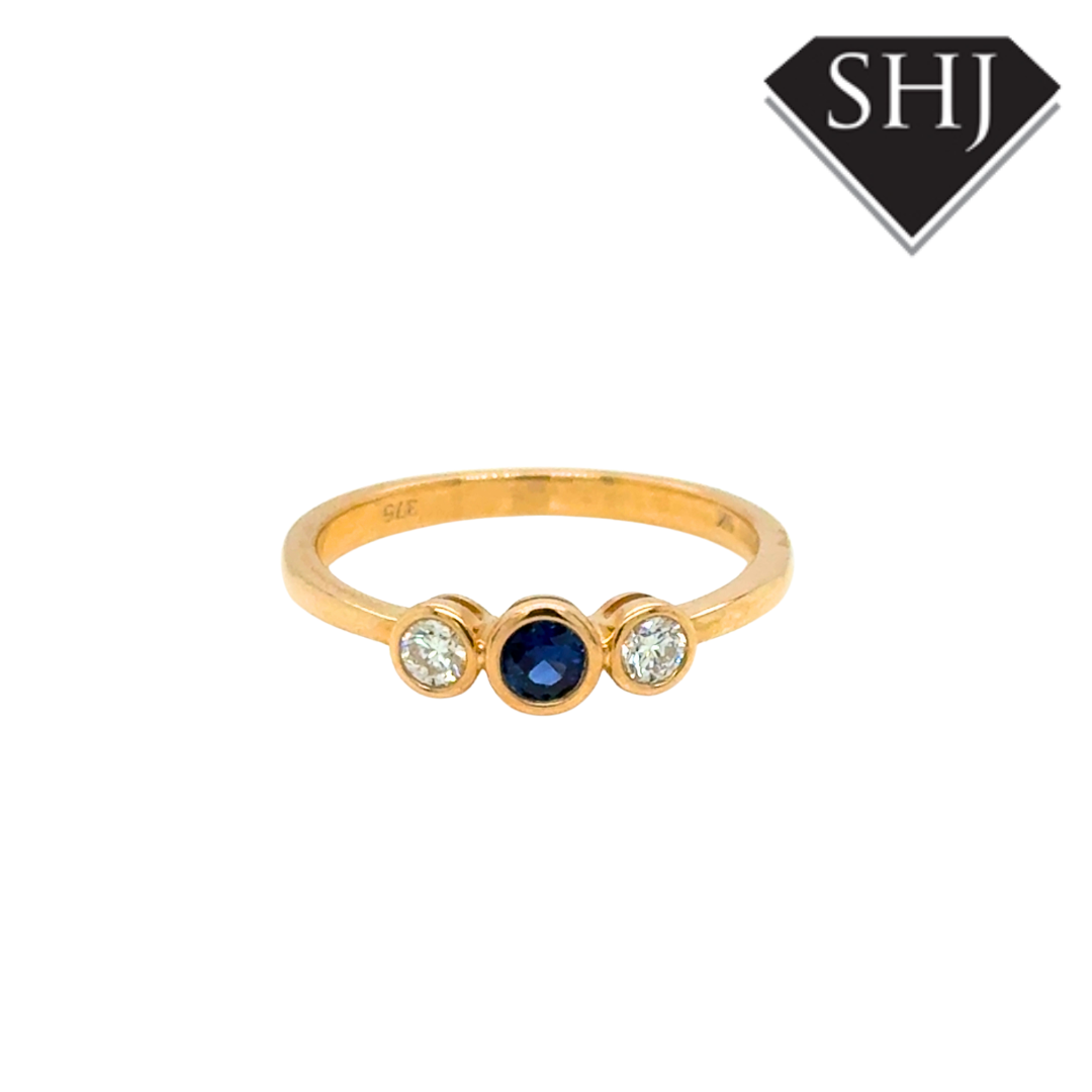 9ct Yellow Gold 0.14ct Sapphire and 0.14ct Diamond Triology Ring