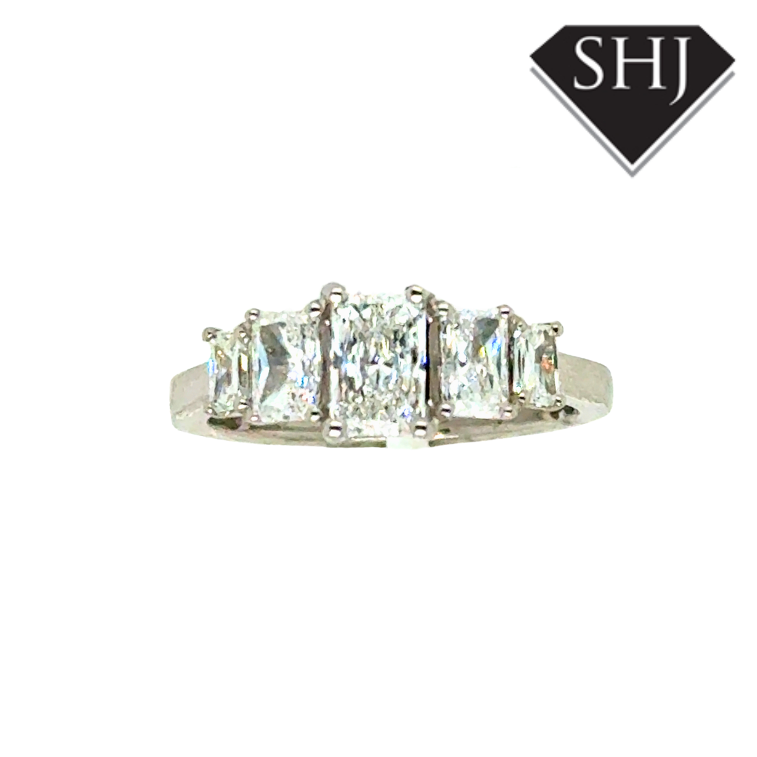 Platinum 1.39ct, 0.50ct, 0.89ct Radiant Cut 5 Stone Diamond Ring E VS2