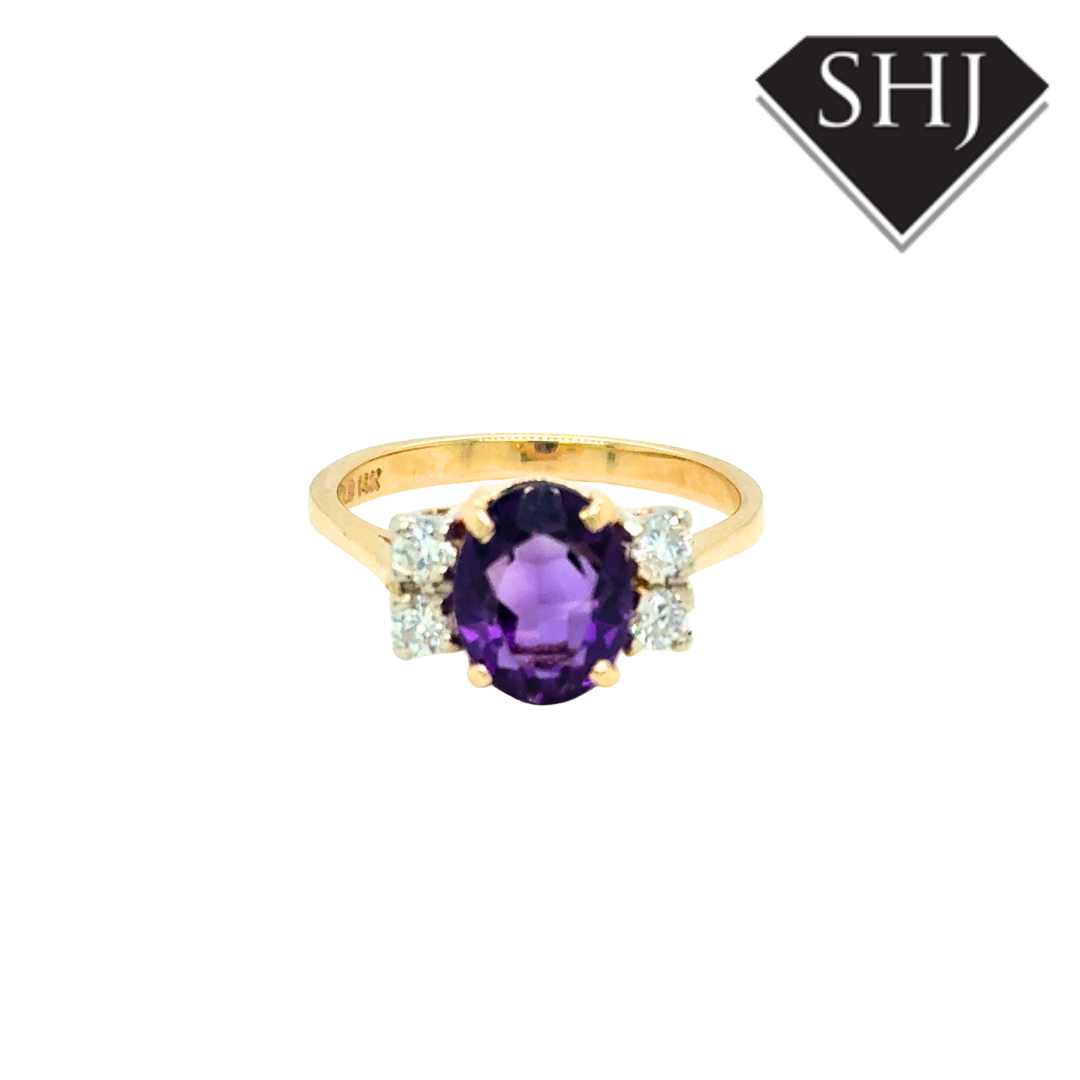 14ct Yellow Gold Amethyst & Diamond Cluster Ring