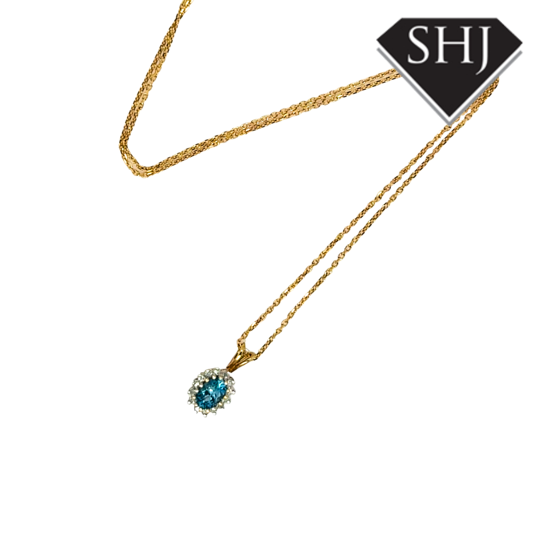 9ct Yellow Gold Blue Topas Pendant & Chain