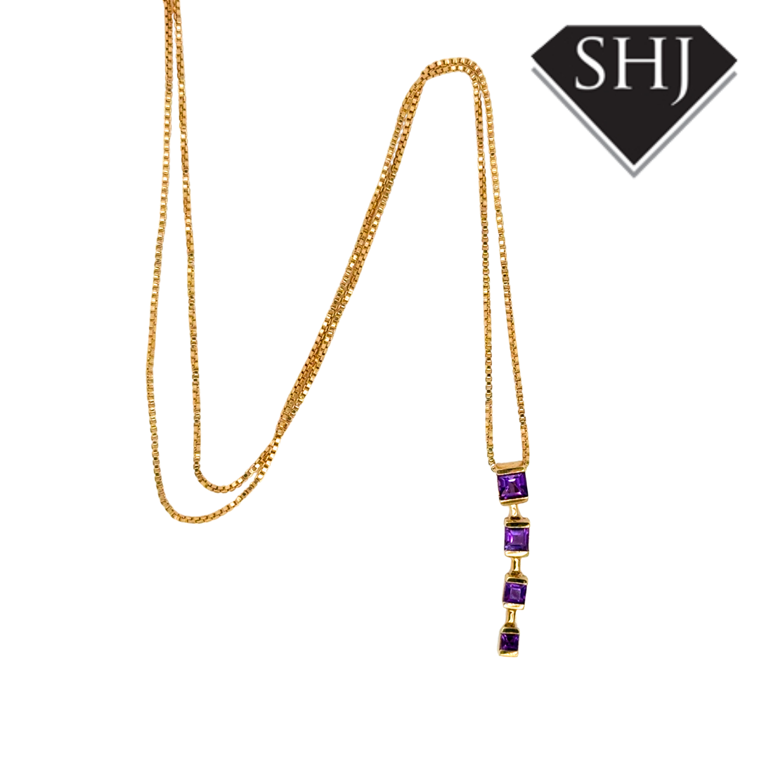 9ct Yellow Gold Amethyst Drop Pendant & Chain