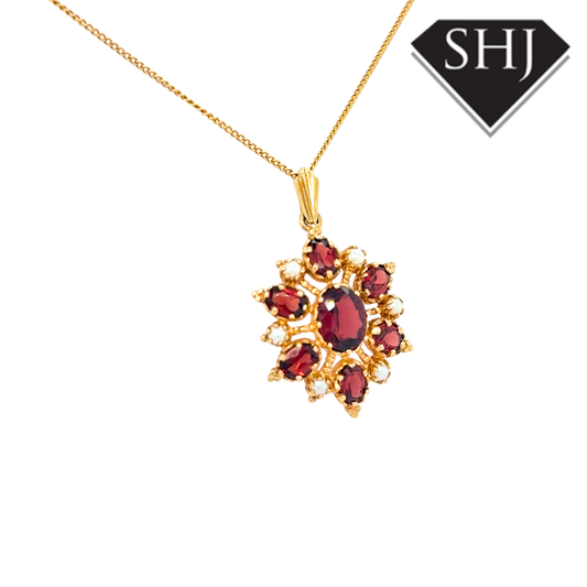 9ct Yellow Gold Garnet & Pearl Pendant & Chain