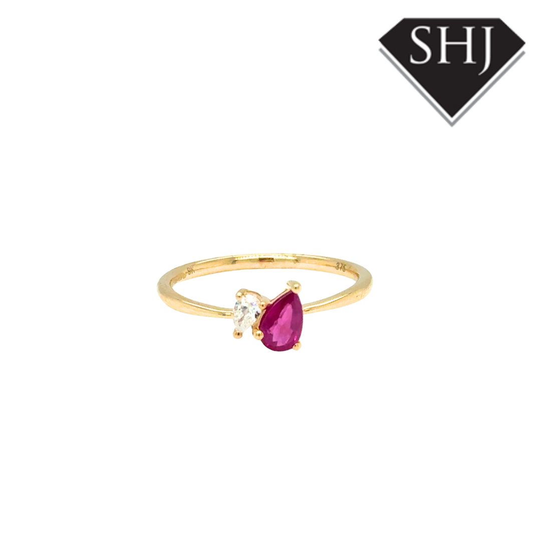 9ct Yellow Gold Pear 0.48ct Ruby & 0.09ct Diamond Ring
