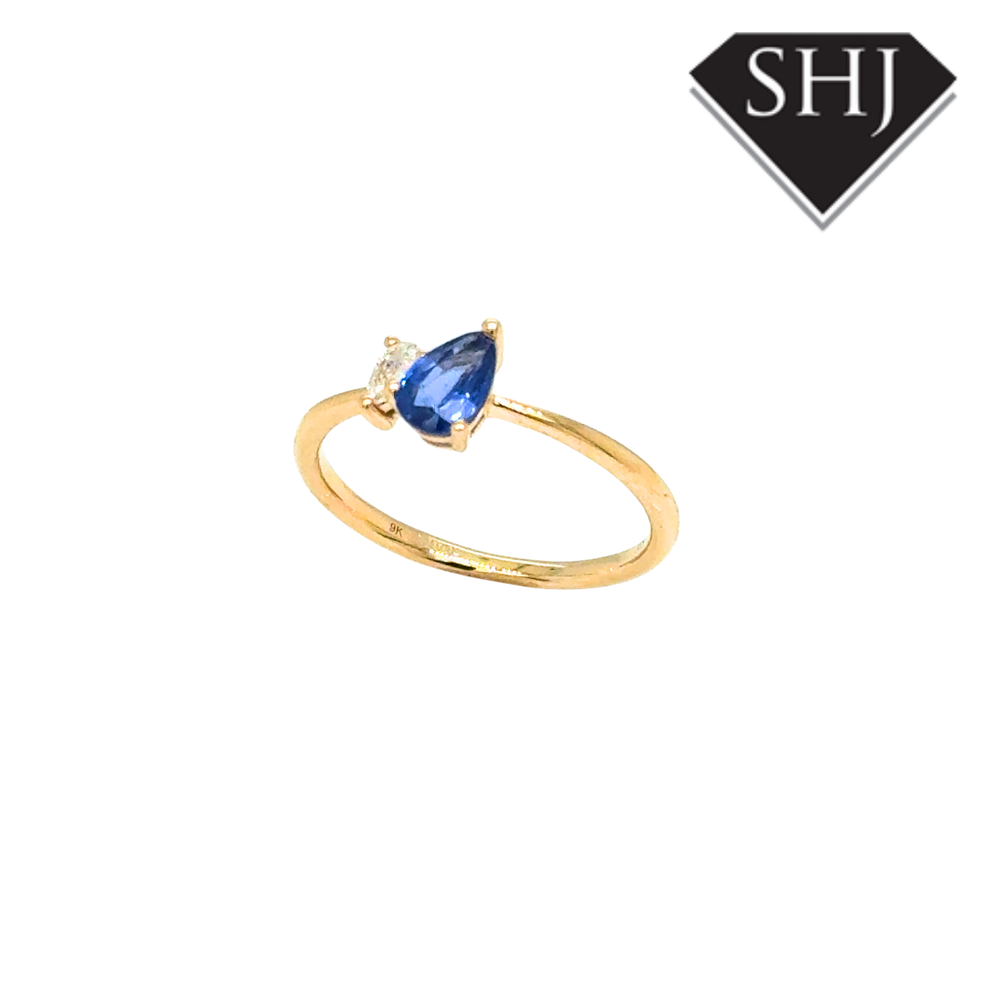 9ct Yellow Gold Pear 0.56ct Sapphire & 0.06ct Diamond Ring