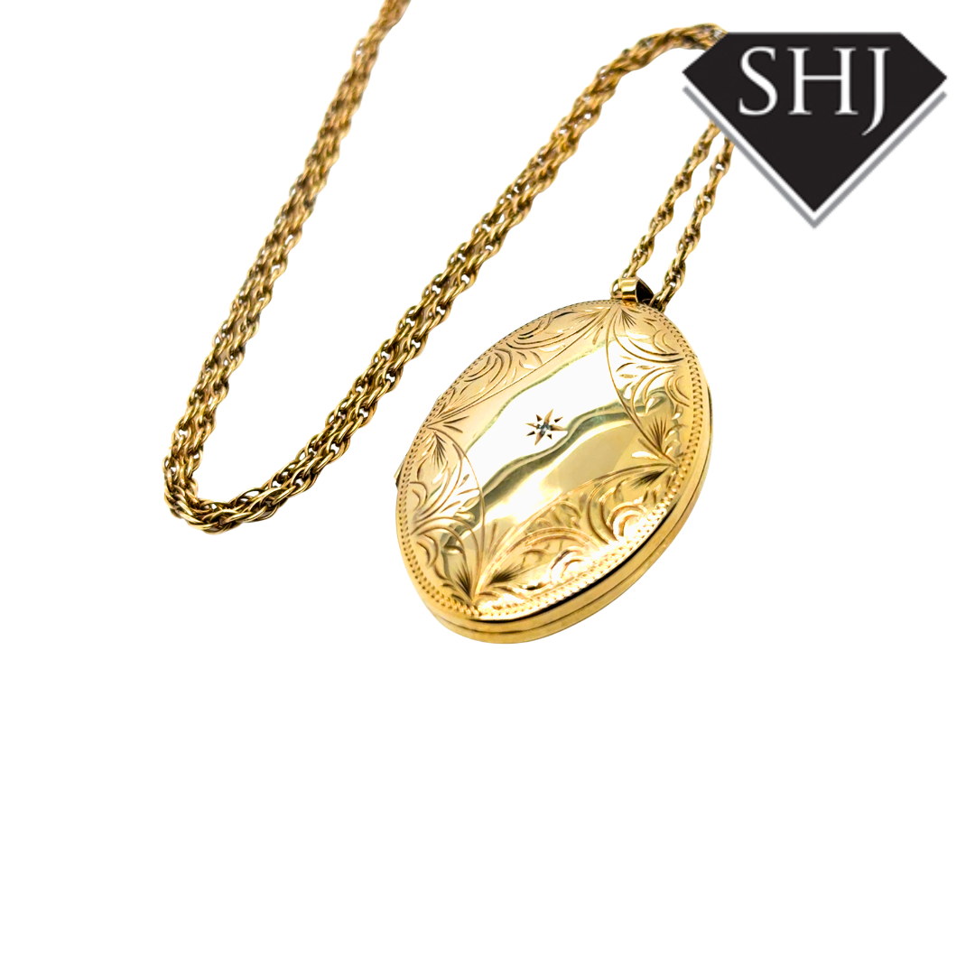 9ct Yellow Gold Engraved Diamond Set Locket