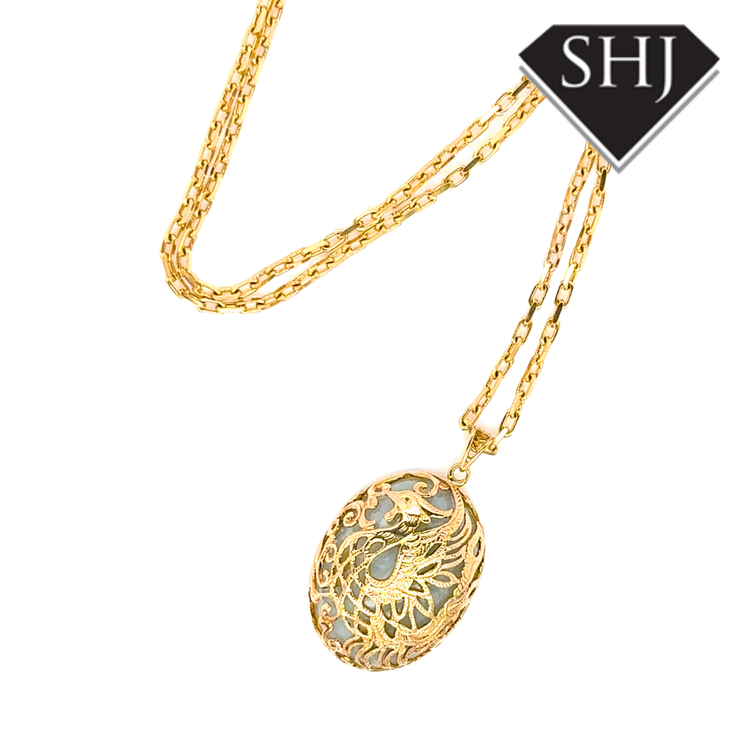 9ct Yellow Gold Jade Peacock Pendant & Chain