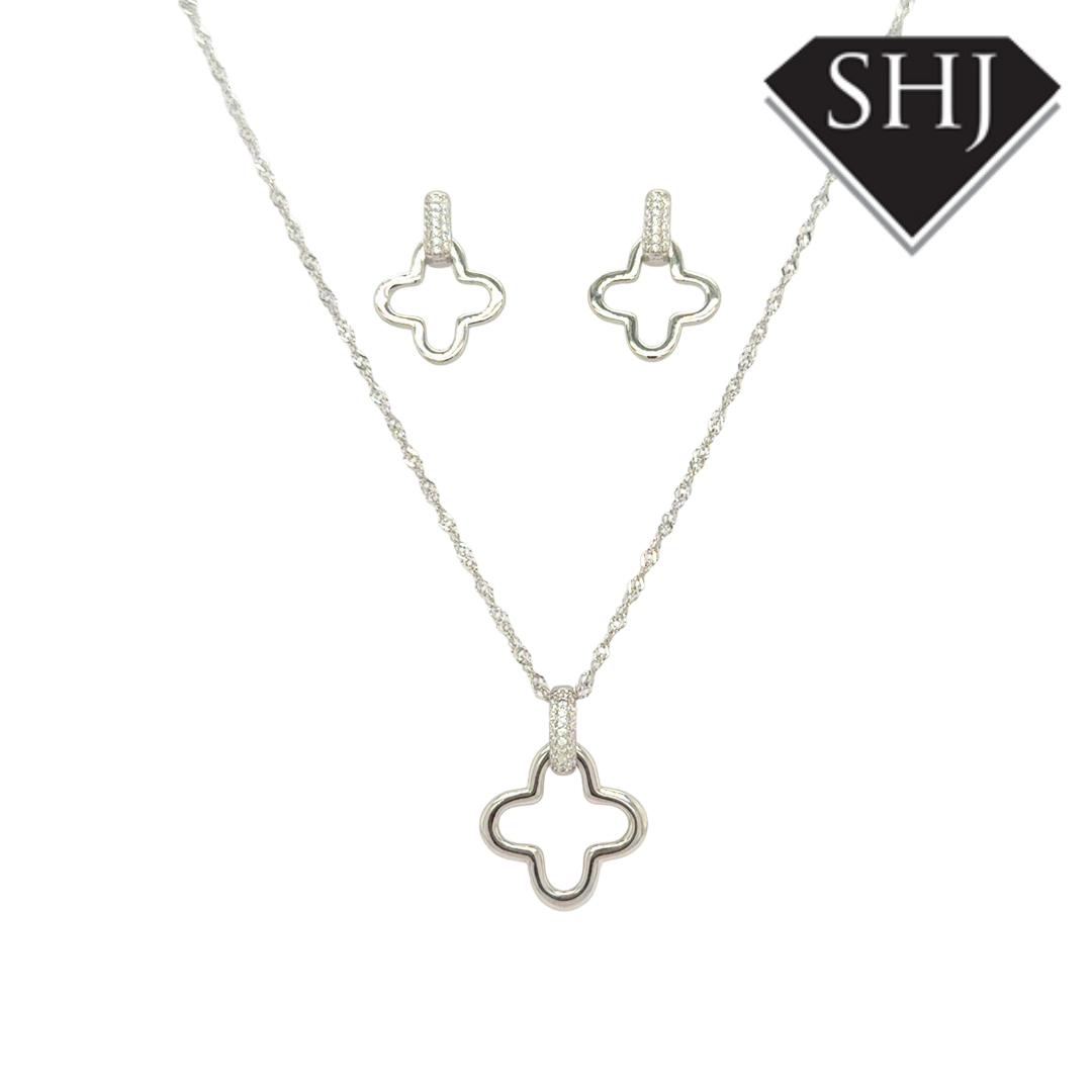 Silver CZ Clover Pendant & Chain