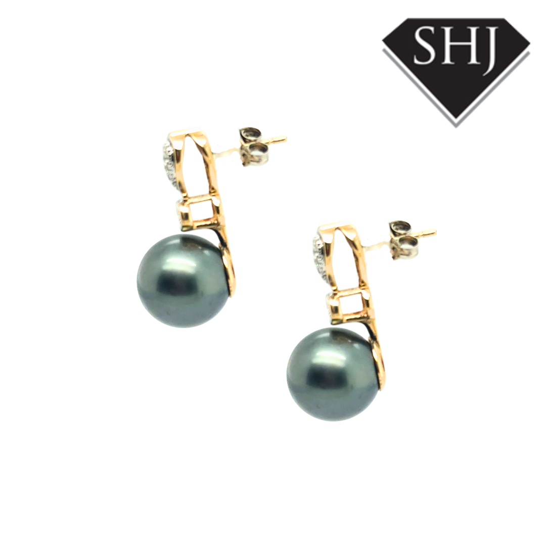 9ct Yellow Gold Tahitian Pearl Diamond Set Earrings