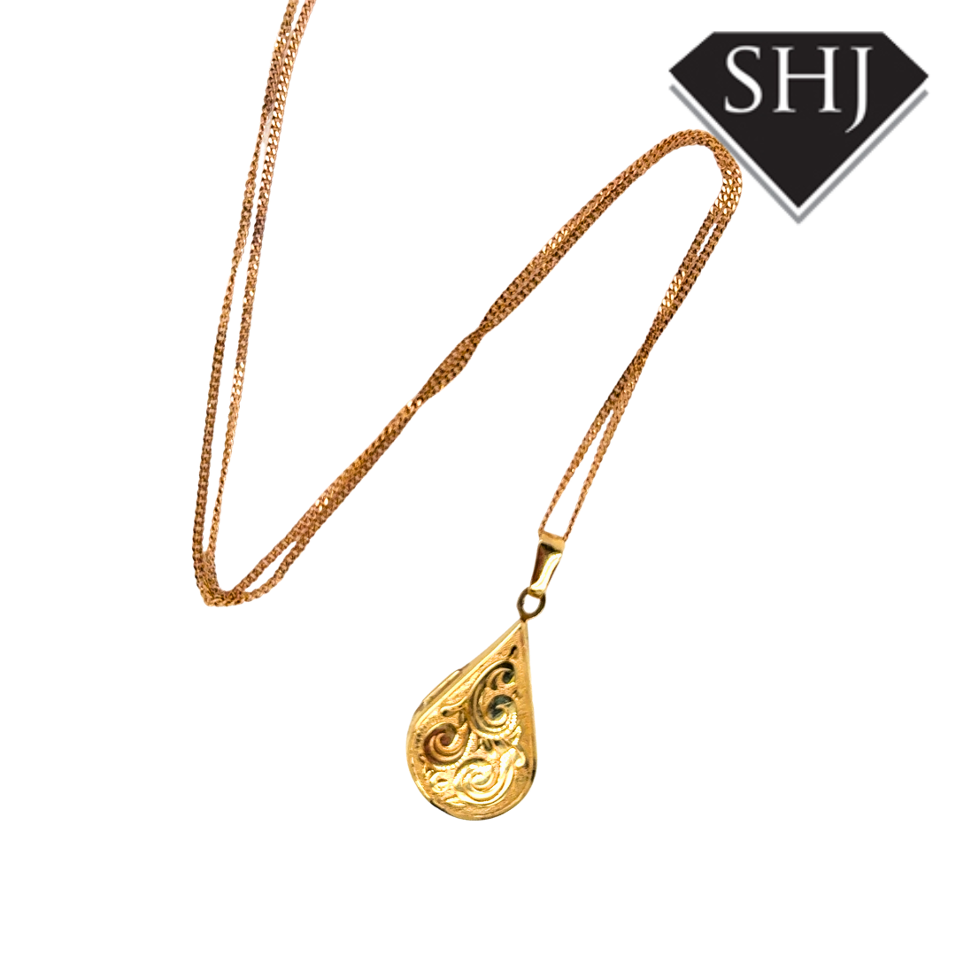 9ct Yellow Gold Engraved Pear Locket & Chain