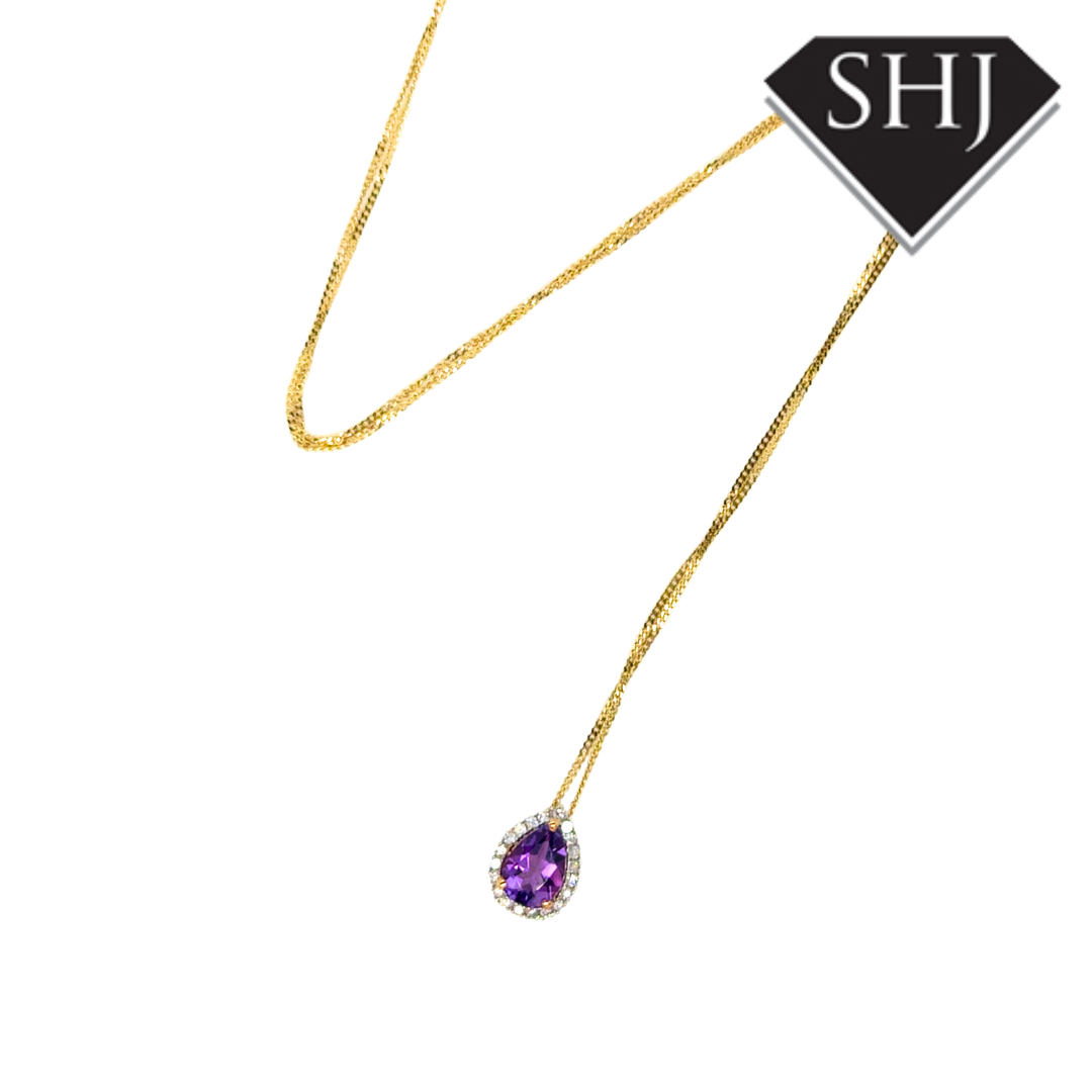 9ct Yellow Gold Amethyst and Diamond Pendant & Chain