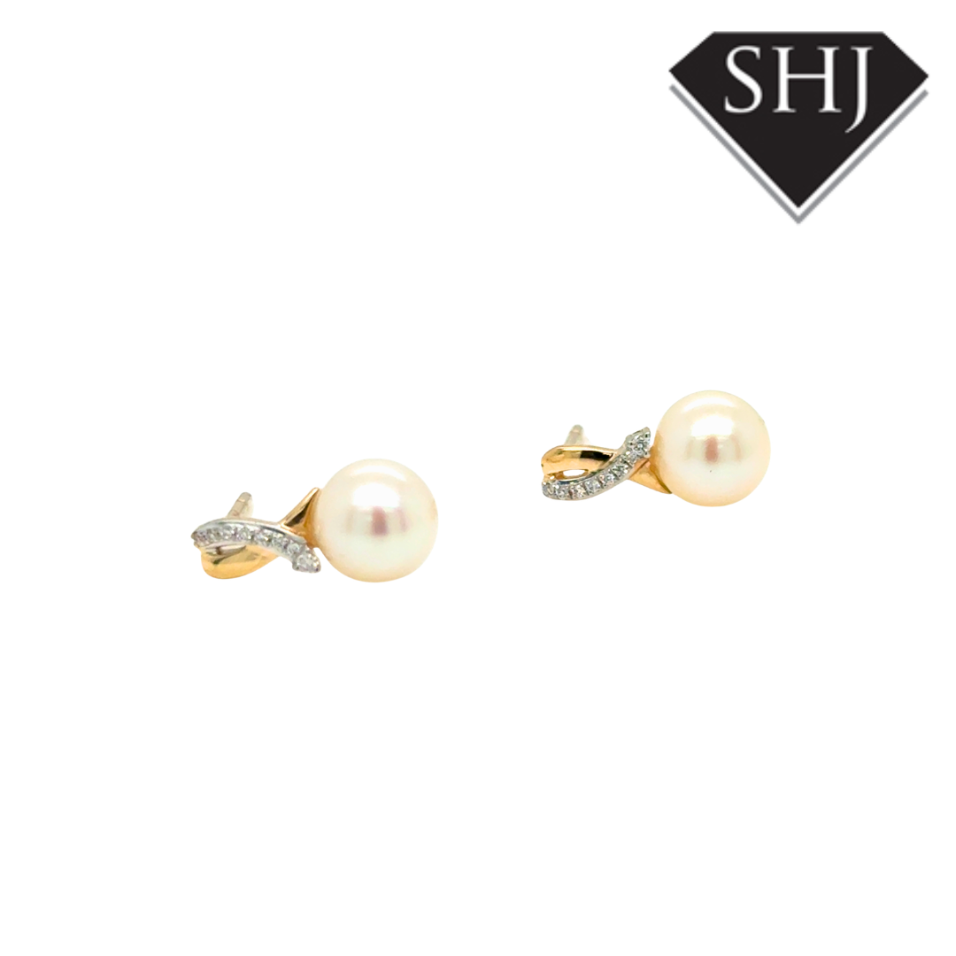 9ct Yellow Gold Pearl & 0.05ct Diamond Earrings