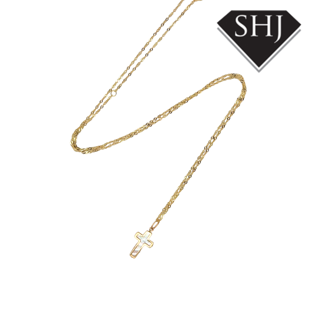 9ct Yellow Gold Mother of Pearl Cross Pendant & Chain