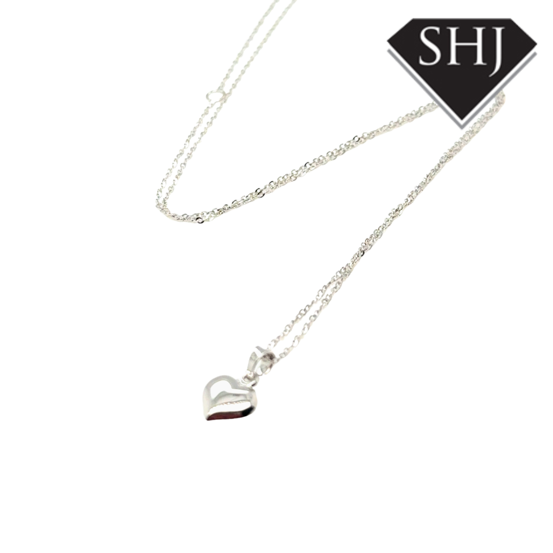 9ct White Gold Puffer Heart Pendant & Chain