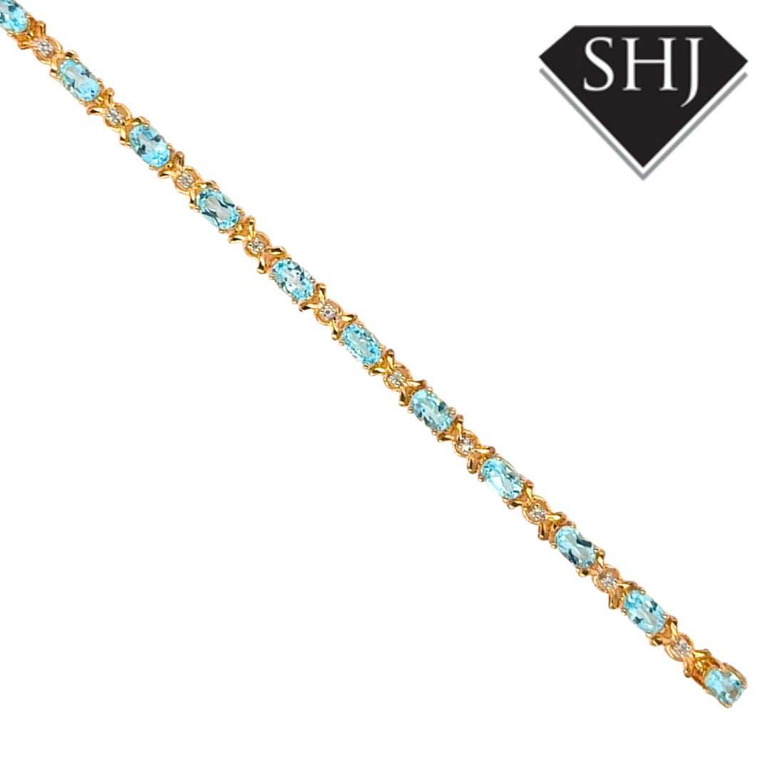 9ct Yellow Gold Blue Topas and Diamond Bracelet