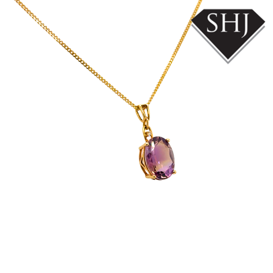 9ct Yellow Gold Amethyst and Diamond Pendant & Chain