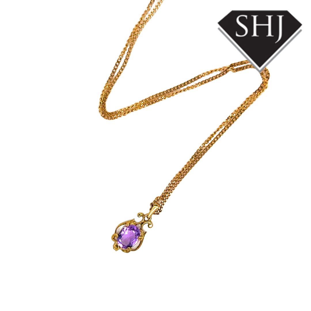 9ct Yellow Gold Amethyst Pendant & Chain