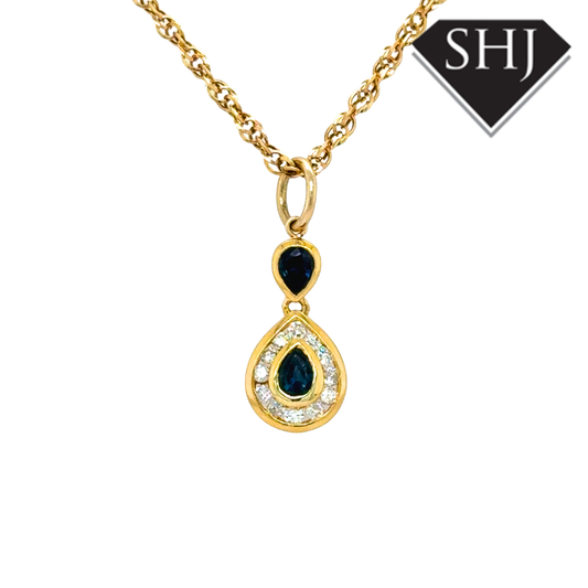 9ct Yellow Gold Sapphire and Diamond Pendant & Chain