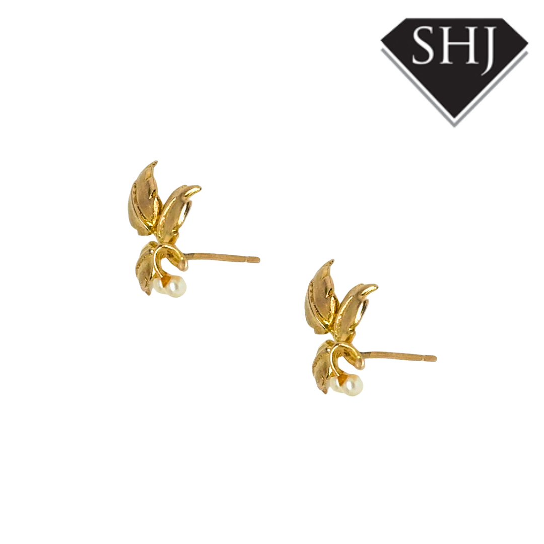 9ct Yellow Gold Pearl Leaf Earrings