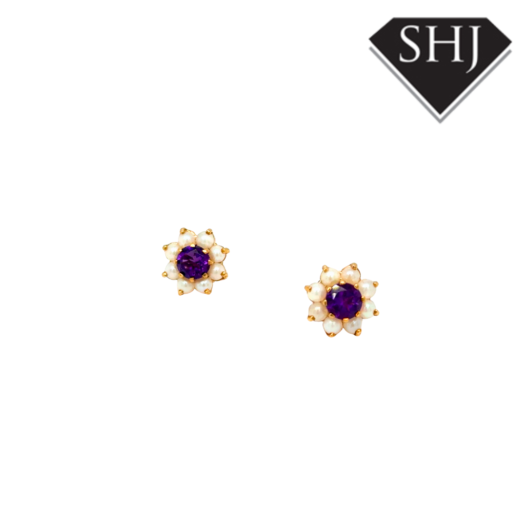 9ct Yellow Gold Amethyst & Pearl Earrings