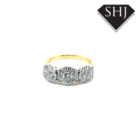 9ct Yellow Gold Triple Diamond Cluster Ring